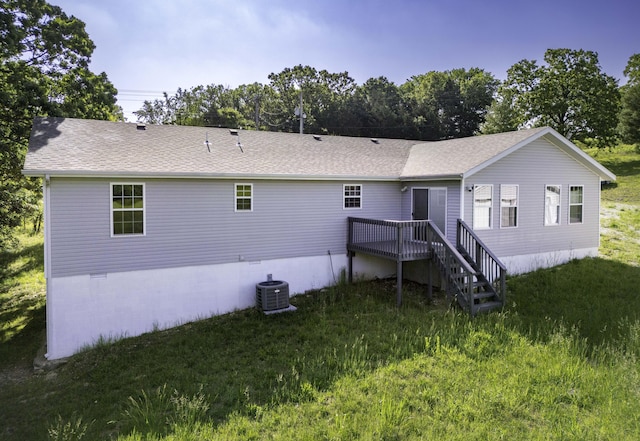 2800 State Highway Bb, Hollister, MO 65672 - back of property featuring central AC, a wooden deck, a lawn, and crawl space