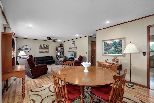 940 Carl Allen St, Mount Vernon, MO 65712 - dining space with a ceiling fan, light wood-type flooring, ornamental molding, and recessed lighting