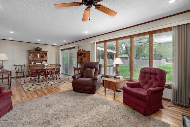 940 Carl Allen St, Mount Vernon, MO 65712 - living room with a textured ceiling, wood finished floors, a ceiling fan, ornamental molding, and recessed lighting