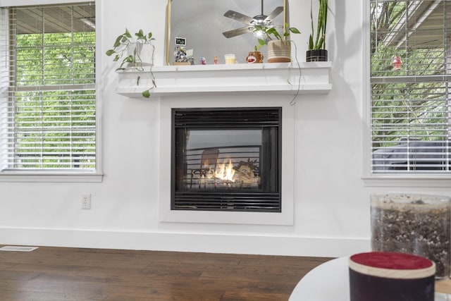 604 N Cascades Dr, Nixa, MO 65714 - detailed view of a warm lit fireplace, wood finished floors, ceiling fan, and baseboards