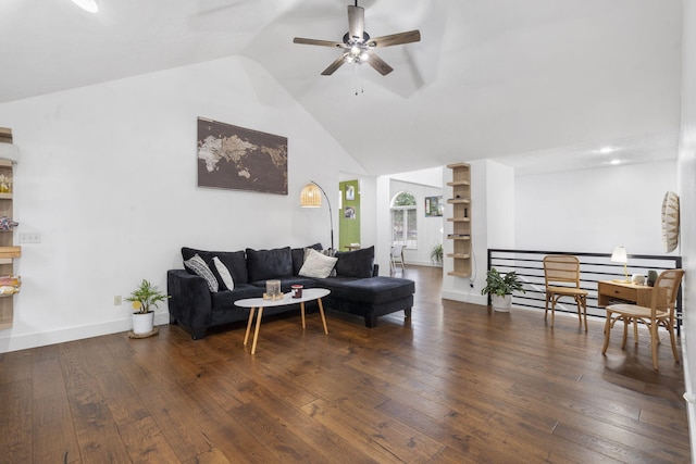 604 N Cascades Dr, Nixa, MO 65714 - living area featuring a ceiling fan, hardwood / wood-style floors, high vaulted ceiling, and baseboards