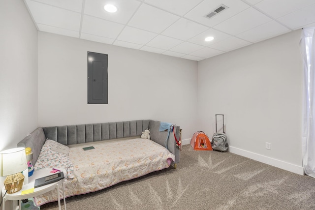 604 N Cascades Dr, Nixa, MO 65714 - bedroom with electric panel, carpet flooring, baseboards, a paneled ceiling, and recessed lighting
