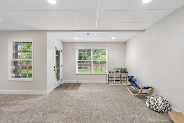 604 N Cascades Dr, Nixa, MO 65714 - recreation room featuring carpet floors, healthy amount of natural light, baseboards, a paneled ceiling, and recessed lighting