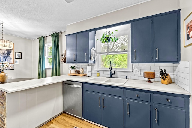 801 N Myrtle St, Pierce City, MO 65723 - kitchen featuring dishwasher, a sink, blue cabinets, and a textured ceiling