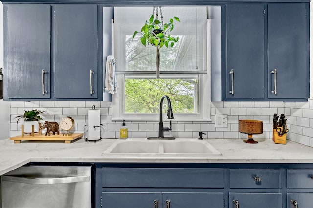 801 N Myrtle St, Pierce City, MO 65723 - kitchen with a sink, stainless steel dishwasher, blue cabinets, and backsplash