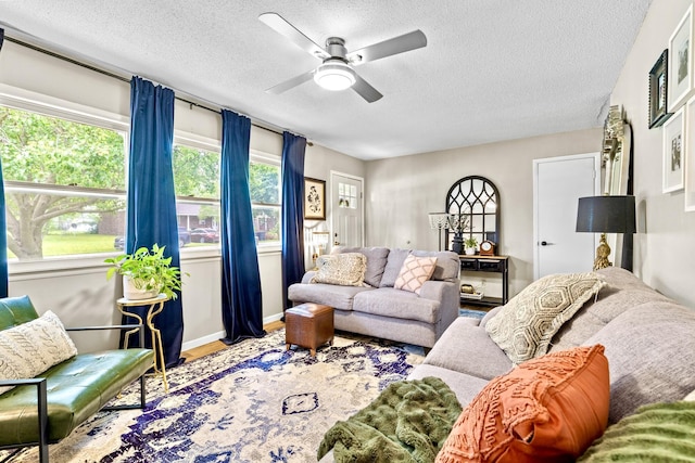 801 N Myrtle St, Pierce City, MO 65723 - living area featuring a textured ceiling, ceiling fan, wood finished floors, and baseboards