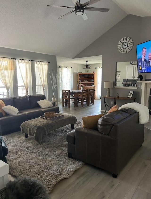 3943 W Kay Pointe Blvd, Springfield, MO 65802 - living area featuring wood finished floors, a ceiling fan, lofted ceiling, and a textured ceiling