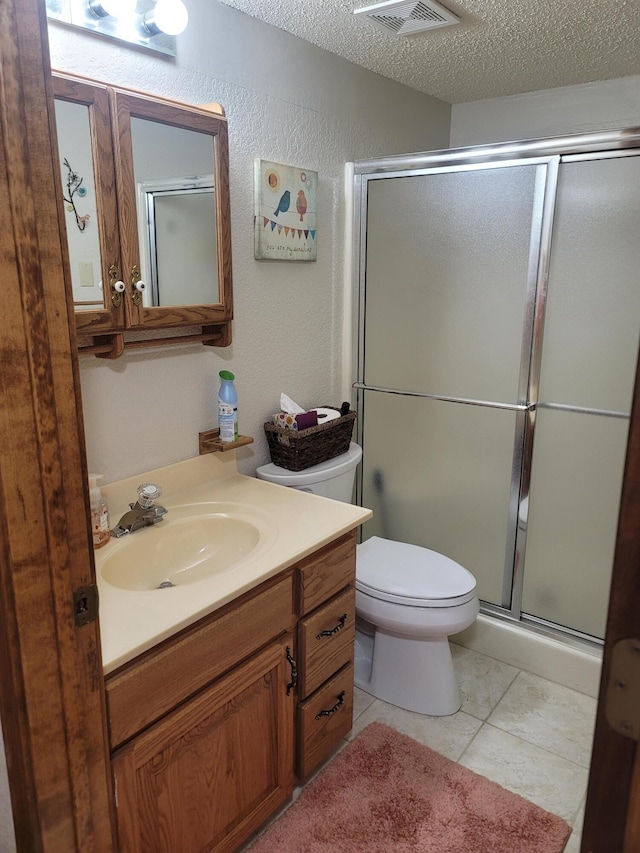 150 Sunken Forest Dr Unit 235, Forsyth, MO 65653 - full bath featuring vanity, a stall shower, a textured wall, toilet, and a textured ceiling