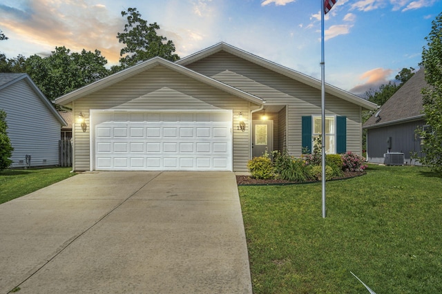 131 Lake Beach Ln, Hollister, MO 65672 - view of front of house with concrete driveway, a front lawn, an attached garage, and cooling unit