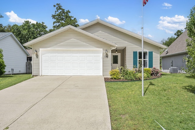 131 Lake Beach Ln, Hollister, MO 65672 - view of front of house featuring concrete driveway, a garage, a front lawn, and central AC unit