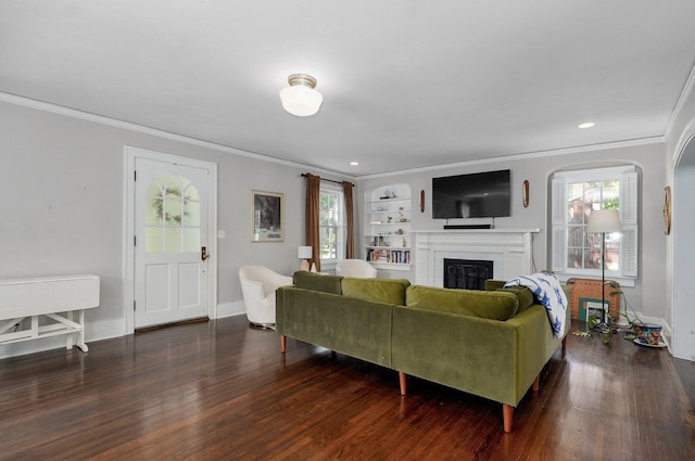 1501 E Walnut St, Springfield, MO 65802 - living area with ornamental molding, wood finished floors, a glass covered fireplace, recessed lighting, and baseboards