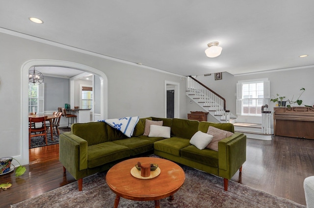 1501 E Walnut St, Springfield, MO 65802 - living room with ornamental molding, stairway, wood finished floors, arched walkways, and recessed lighting
