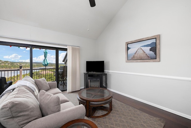10 Treehouse Ln Unit 11, Branson, MO 65616 - living room featuring baseboards, wood finished floors, a ceiling fan, and high vaulted ceiling