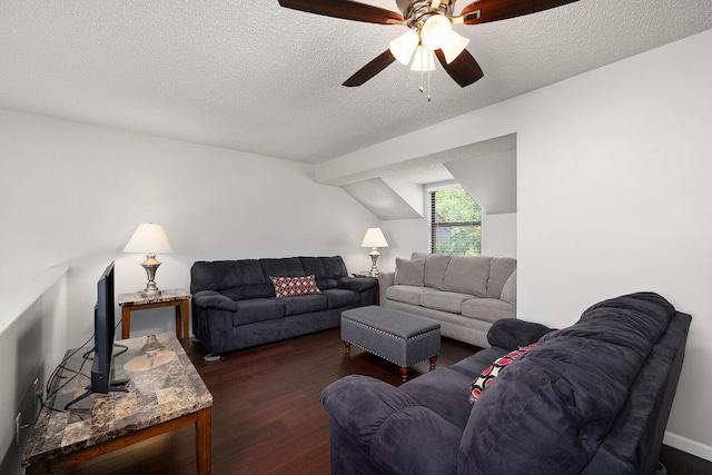 10 Treehouse Ln Unit 11, Branson, MO 65616 - living area featuring dark wood-style floors, ceiling fan, and a textured ceiling
