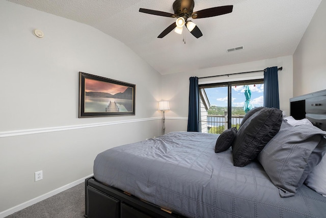 10 Treehouse Ln Unit 11, Branson, MO 65616 - carpeted bedroom with lofted ceiling, access to outside, baseboards, a textured ceiling, and ceiling fan