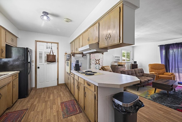 103 W Mockingbird Ln, Crane, MO 65633 - kitchen featuring under cabinet range hood, white electric stovetop, wood finished floors, light countertops, and oven