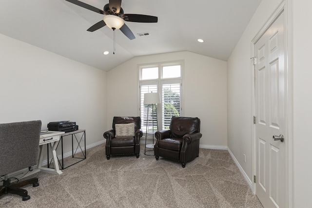 2539 S Forrest Heights Ave, Springfield, MO 65809 - office area featuring carpet floors, a ceiling fan, lofted ceiling, baseboards, and recessed lighting