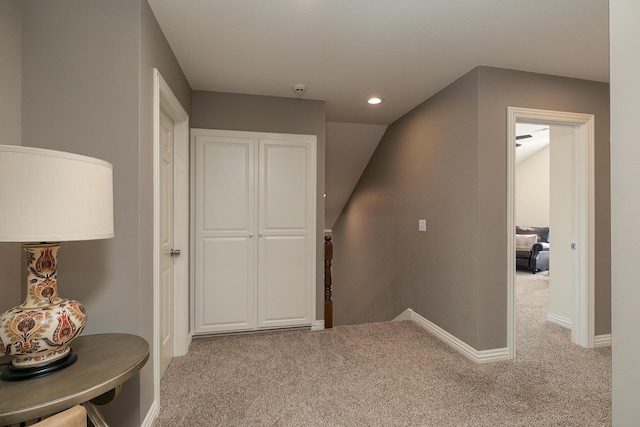 2539 S Forrest Heights Ave, Springfield, MO 65809 - corridor with light colored carpet, baseboards, an upstairs landing, and recessed lighting
