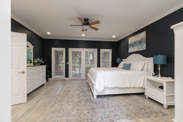 2539 S Forrest Heights Ave, Springfield, MO 65809 - bedroom with light wood-style floors, recessed lighting, access to exterior, a ceiling fan, and ornamental molding