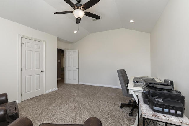 2539 S Forrest Heights Ave, Springfield, MO 65809 - carpeted office with a ceiling fan, vaulted ceiling, baseboards, and recessed lighting
