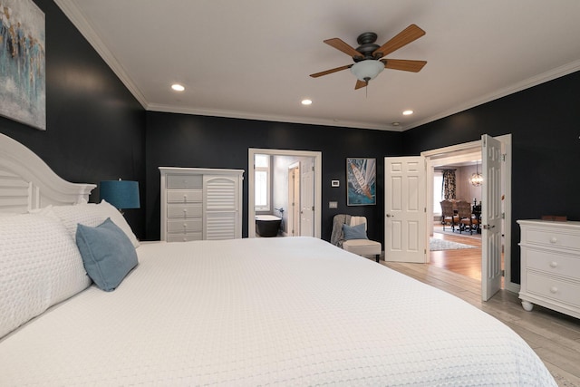 2539 S Forrest Heights Ave, Springfield, MO 65809 - bedroom featuring light wood-type flooring, crown molding, recessed lighting, baseboards, and a ceiling fan