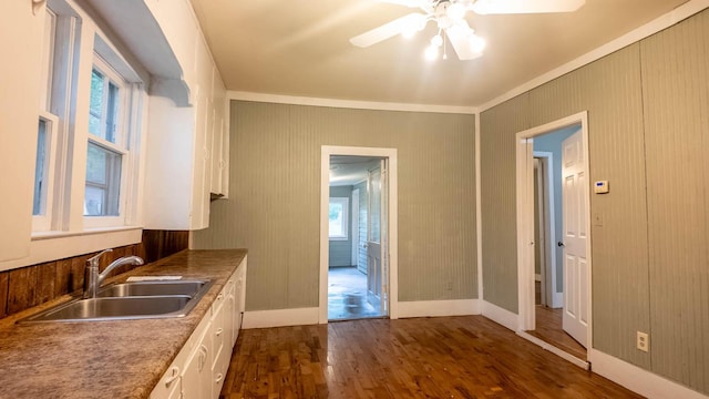 222 Poplar St, Thayer, MO 65791 - kitchen featuring a sink, white cabinetry, dark wood-style flooring, ornamental molding, and ceiling fan