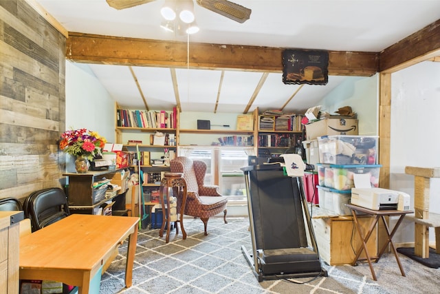 8385 Sate Highway 5, Gainesville, MO 65655 - interior space featuring wood walls, carpet floors, and a ceiling fan