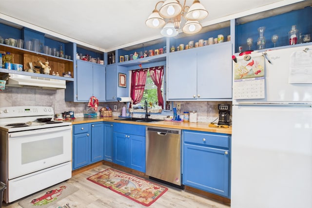 8385 Sate Highway 5, Gainesville, MO 65655 - kitchen with white appliances, open shelves, blue cabinetry, under cabinet range hood, and a sink