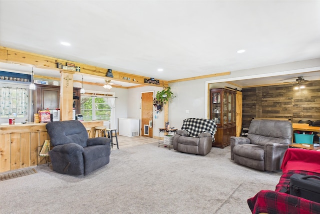 8385 Sate Highway 5, Gainesville, MO 65655 - carpeted living area with ceiling fan, wooden walls, recessed lighting, and bar area