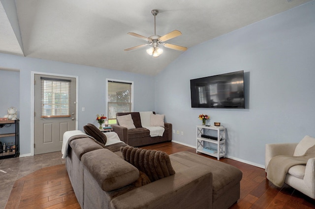1141 N Hilton Ave, Springfield, MO 65803 - living area featuring lofted ceiling, a ceiling fan, hardwood / wood-style floors, and baseboards