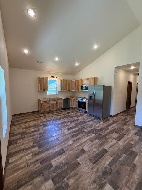 429 E S St, Mountain Grove, MO 65711 - kitchen featuring stainless steel appliances, dark wood finished floors, lofted ceiling, light brown cabinetry, and recessed lighting