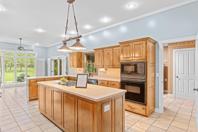 8205 Quail Ridge Ct, Nixa, MO 65714 - kitchen with black appliances, light tile patterned floors, a peninsula, a ceiling fan, and tasteful backsplash