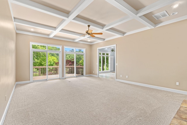 8205 Quail Ridge Ct, Nixa, MO 65714 - empty room with coffered ceiling, baseboards, a ceiling fan, beamed ceiling, and light colored carpet