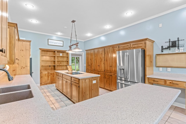 8205 Quail Ridge Ct, Nixa, MO 65714 - kitchen with stainless steel fridge with ice dispenser, a sink, light tile patterned floors, crown molding, and black electric cooktop