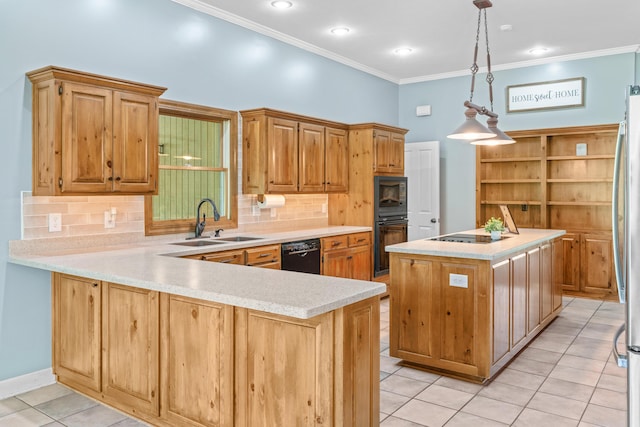 8205 Quail Ridge Ct, Nixa, MO 65714 - kitchen featuring a sink, black appliances, light tile patterned floors, light countertops, and ornamental molding