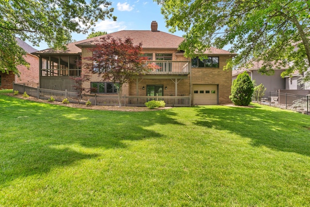 8205 Quail Ridge Ct, Nixa, MO 65714 - rear view of property with brick siding, a chimney, a garage, and a sunroom
