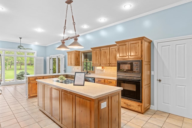 8205 Quail Ridge Ct, Nixa, MO 65714 - kitchen featuring black appliances, a peninsula, light tile patterned flooring, decorative backsplash, and a ceiling fan