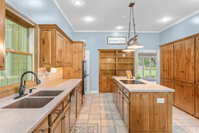 8205 Quail Ridge Ct, Nixa, MO 65714 - kitchen with a sink, a kitchen island, black electric stovetop, open shelves, and crown molding