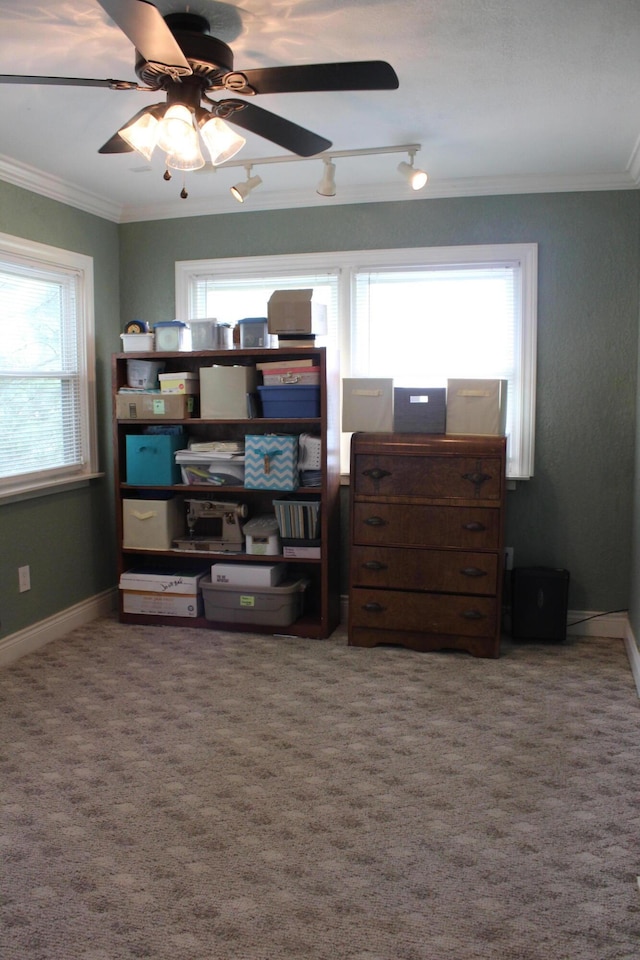 1012 E 3rd St, Monett, MO 65708 - carpeted bedroom featuring ornamental molding, multiple windows, a ceiling fan, and baseboards