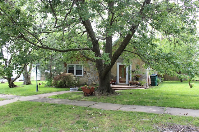 1012 E 3rd St, Monett, MO 65708 - view of property hidden behind natural elements with stone siding and a front lawn