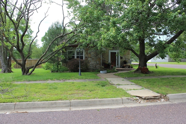 1012 E 3rd St, Monett, MO 65708 - view of property hidden behind natural elements featuring stone siding and a front yard