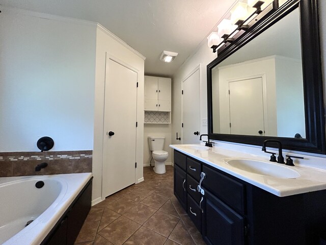 3223 W Primrose St, Springfield, MO 65807 - full bathroom with double vanity, a bath, tile patterned flooring, toilet, and backsplash
