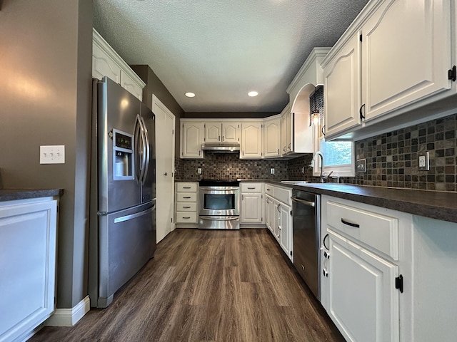 3223 W Primrose St, Springfield, MO 65807 - kitchen featuring appliances with stainless steel finishes, under cabinet range hood, dark wood-type flooring, a sink, and a textured ceiling