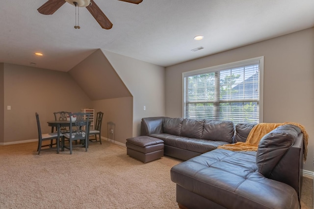 853 E Grafton Dr, Nixa, MO 65714 - living room with light carpet, a ceiling fan, baseboards, recessed lighting, and vaulted ceiling