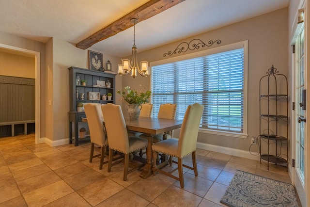 853 E Grafton Dr, Nixa, MO 65714 - dining space with a chandelier, baseboards, light tile patterned floors, and beam ceiling