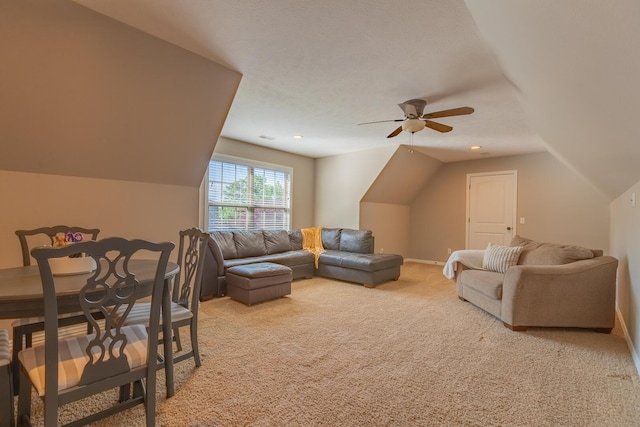 853 E Grafton Dr, Nixa, MO 65714 - carpeted living room with lofted ceiling, ceiling fan, and baseboards