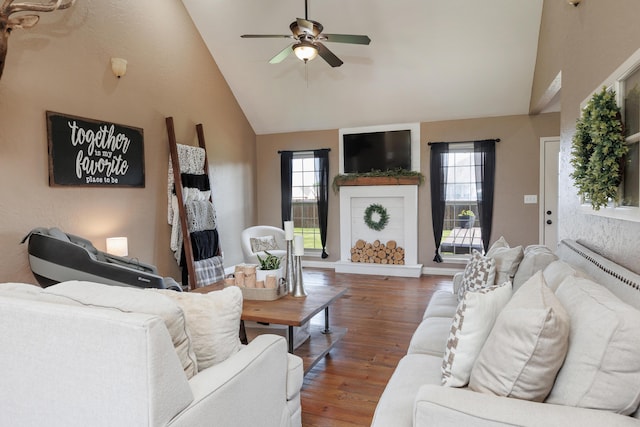 1415 Woodland Rd, Marshfield, MO 65706 - living room with ceiling fan, plenty of natural light, vaulted ceiling, wood finished floors, and baseboards