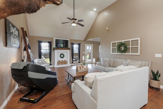1415 Woodland Rd, Marshfield, MO 65706 - living room featuring healthy amount of natural light, baseboards, wood finished floors, high vaulted ceiling, and ceiling fan