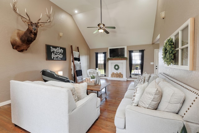 1415 Woodland Rd, Marshfield, MO 65706 - living area with high vaulted ceiling, wood finished floors, a ceiling fan, and baseboards