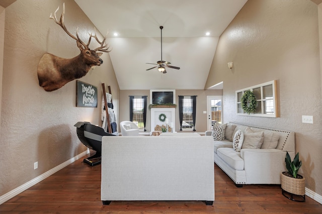 1415 Woodland Rd, Marshfield, MO 65706 - living area featuring a textured wall, dark wood-style floors, baseboards, a ceiling fan, and vaulted ceiling